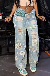 Jeans mit Blumenmuster, Graffiti-Print, Used-Look, hohem Bund, lockerer gerader Schnitt