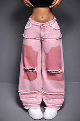 Jeans mit Used-Look-Patchwork und Farbverlauf in Rosa