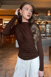 Vintage-braunes, langärmeliges Funktionsunterhemd mit Rundhalsausschnitt, schmaler Taille und langen Ärmeln