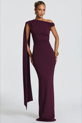 Sexy Asymmetrical Neck Long Sleeve Fitted Ruched High Waist Party Dress