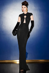 Schwarzes, figurbetontes Vintage-Abendkleid mit Mesh-Einsätzen