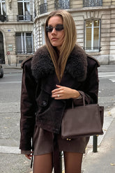 Faux Fur Collar Belted Suede Look Jacket
