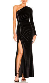 Schwarzes, schwarzes Maxikleid aus Samt mit Diamantmuster und One-Shoulder-Ausschnitt