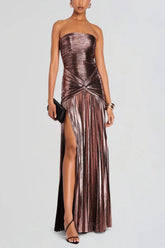 Metallic Ruched Slit Strapless Sleeveless Party Dress