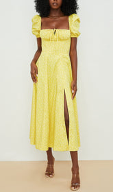 Vintage-Midikleid mit Blumenmuster und Puffärmeln in Gelb