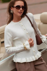 Rundhalsausschnitt, mehrlagiger Besatz, lange Ärmel, lässiger Strickcardigan