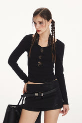 Romantisches Spitzen-Halter-Top mit V-Ausschnitt, langen Ärmeln und Cut-outs als Basisschicht