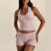 Zweiteiliges Set aus rosa Rüschen-Baumwoll-Leinen-Hosen