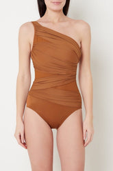 One Shoulder Solid Ruched Asymmetric High Waist One Piece Swimwear