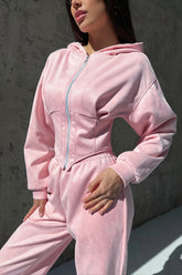 Solid Zip Front Wide Leg Hoodie Two Piece Set