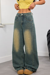 Bestickte, gewaschene Retro-Jeans mit weitem Bein