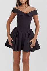 Off Shoulder Lapel Waist Cinch Ballet A Line Slip Dress