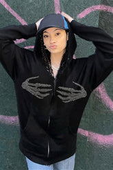 Retro-Kapuzenpullover mit Totenkopf-Hand-Print und Reißverschluss