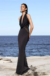 Partykleid mit V-Ausschnitt, Neckholder, Spitze, rückenfreiem Meerjungfrauenschnitt und Spitze