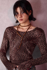 Leopardenmuster Bluse mit U-Ausschnitt, schmaler Passform und langen Ärmeln
