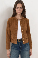 Klassische Wildleder-Kurzjacke mit Metallic-Knöpfen