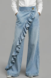 Asymmetric Ruffle Front Wide Leg Jeans