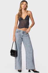 Gepunktete, rückenfreie Neckholder-Bluse, schmal geschnitten
