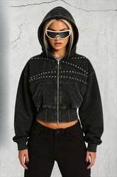 Washed Studded Zip Front Cropped Hoodie