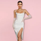Trägerloses, ärmelloses Midi-Bodycon-Kleid mit Schlitz HI1267