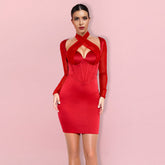 Neckholder-Minikleid mit langen Ärmeln und Mesh-Einsätzen, figurbetont, HI1297