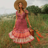 Boho-Kleid aus Baumwolle mit Kordelzug in der Taille, Blumenmuster, V-Ausschnitt, Baumwolle