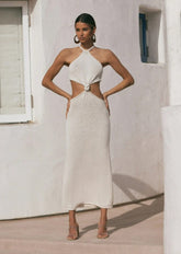 Maxikleid mit hohem Kragen, Neckholder, Knotenverschluss und Cut-Outs