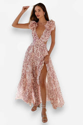 Midikleid mit tiefem V-Ausschnitt, Rüschen und Blumenmuster