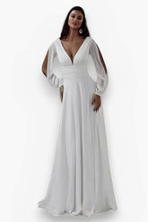 Elegantes, leichtes Kleid mit langen Ärmeln und V-Ausschnitt