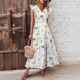 Bedrucktes Kleid mit V-Ausschnitt, hoher Taille und Schlitz bis zum Ohr