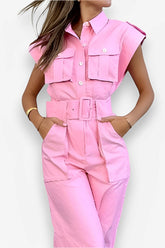 Barbie-rosa Jumpsuit mit schrägen Schultern