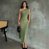 Asymmetrisches, schulterfreies Midi-Bodycon-Kleid mit kurzen Ärmeln, einseitig schulterfrei, HB75620