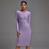 Gestreiftes Midi-Bandagenkleid mit Rundhalsausschnitt und langen Ärmeln
