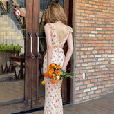 Vintage-Maxikleid mit Blumenmuster und eckigem Ausschnitt