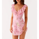 Ärmelloses, figurbetontes Kleid mit Rüschenbesatz und V-Ausschnitt