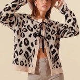 Strickcardigan mit Leopardenmuster, Kontrastdetails und Schleife zum Schnüren