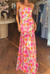 Trägerloses, rückenfreies A-Linien-Kleid mit Blumenmuster