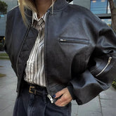 Retro-Kurzmantel aus PU-Baumwolle mit Reißverschluss