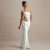 Ein-Schulter-Abendkleid, ärmellos, lässig, gerüscht