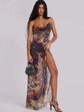Ästhetisches Maxikleid aus Mesh mit Print und Schlitz