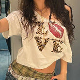 Leopard Letter Loose Street V-Ausschnitt T-Shirt