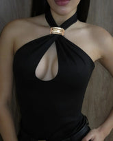 Schwarzes Metal-Crop-Top mit Cut-Outs