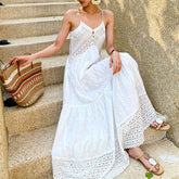 Ärmelloses, rückenfreies, weißes Boho-Kleid aus Baumwolle