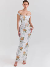 Schulterfreies, rückenfreies Maxikleid mit Blumenmuster
