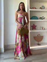 Plissiertes, bedrucktes, trägerloses Boho-Kleid mit hohem Bund und hohem Bund