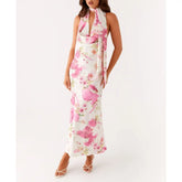 Blumenmuster-Neckholder-Urlaubskleid mit Wasserfallausschnitt