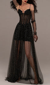 Schwarzes, trägerloses, drapiertes Tüll-Korsettkleid mit Strasssteinen