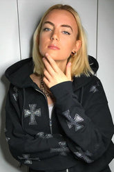 Lockerer Hoodie mit Strasskreuzen und Reißverschluss