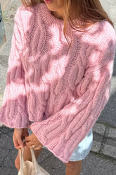 Rosa, lässiger Kurzpullover mit Zopfmuster