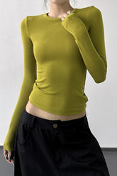 Vintage-Basisschicht aus einfarbigem Rundhalsausschnitt mit schmalen, langärmeligen Ärmeln